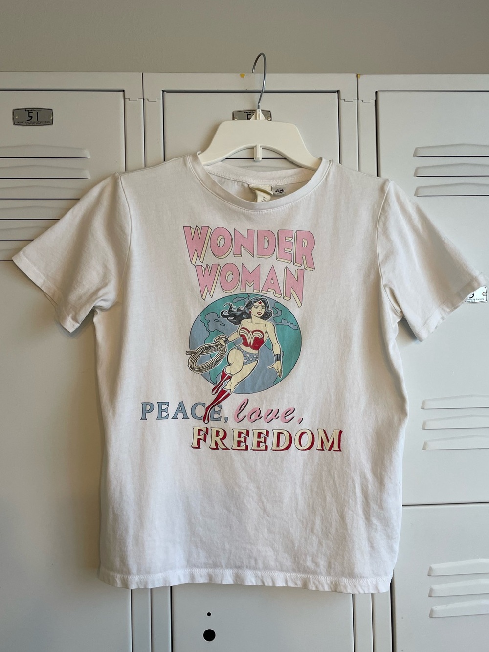 H&M White Wonder Woman Graphic Tee with Pink & Blue Print